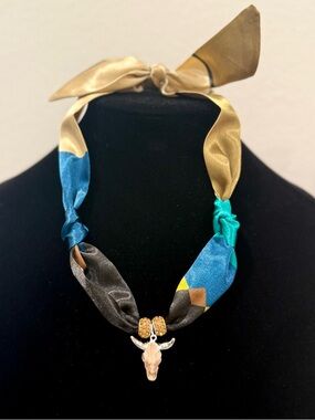 Silk Scarf Necklace with Bull Pendant